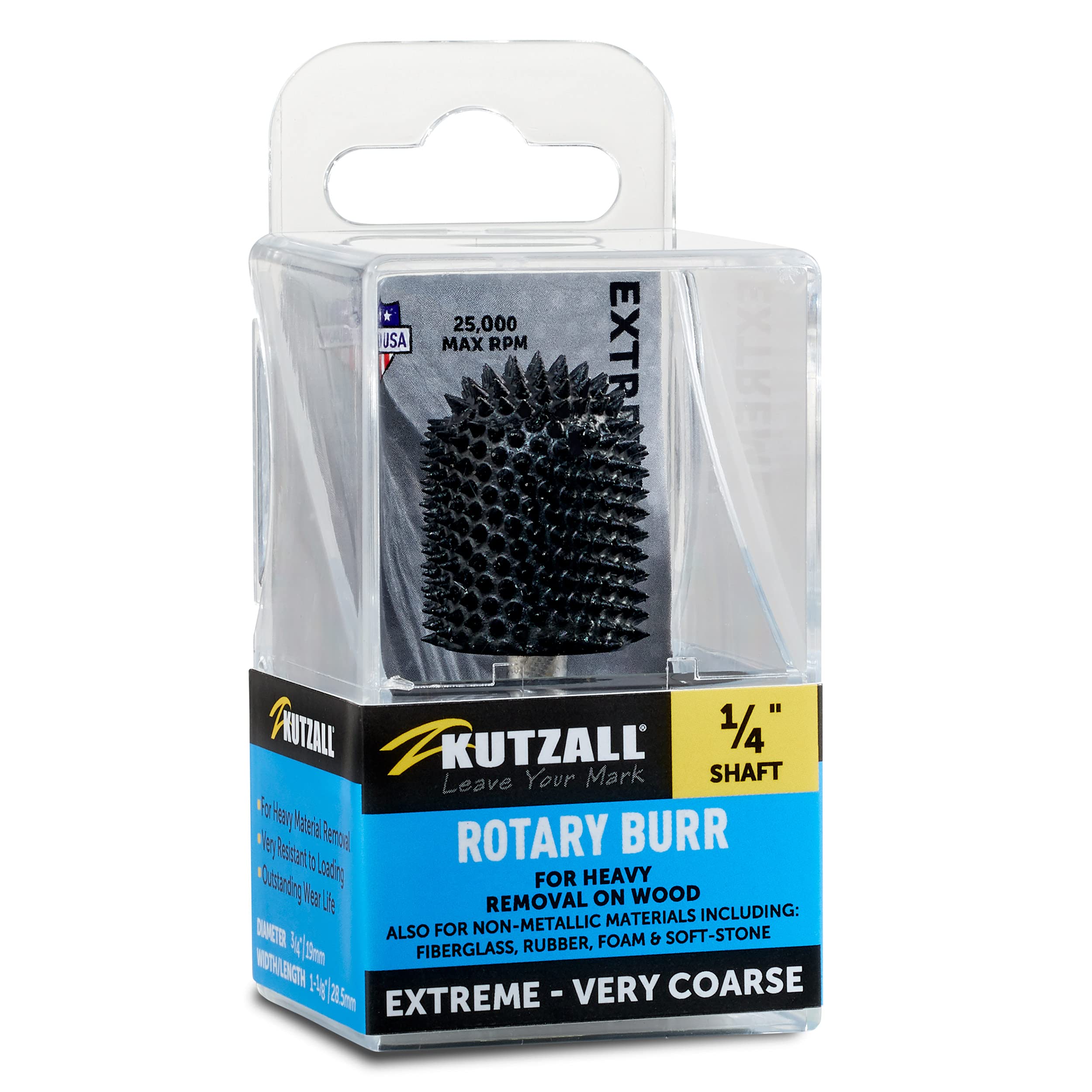 Kutzall Extreme Ball Nose Rotary Burr 1⁄4" Shaft, Very Coarse - Woodworking Attachment for Bosch, DeWalt, Milwaukee, Makita. Abrasive Tungsten Carbide 3⁄4"(19mm) Dia. X 1-1⁄8"(28.5mm) Length, BNX-34C