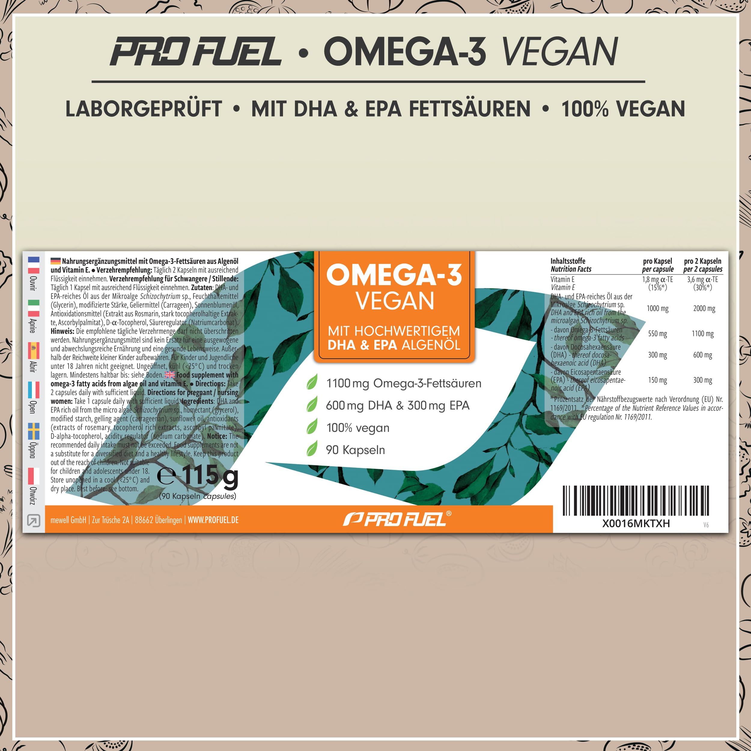 Omega-3 vegan Kapseln 120x - 2000 mg Algenöl pro Tag - hochdosiert mit 600mg DHA + 300mg EPA - hochwertige Omega-3 Algenöl Kapseln vegan - DHA:EPA Verhältnis 2:1 - laborgeprüft mit Analyse-Zertifikat 6
