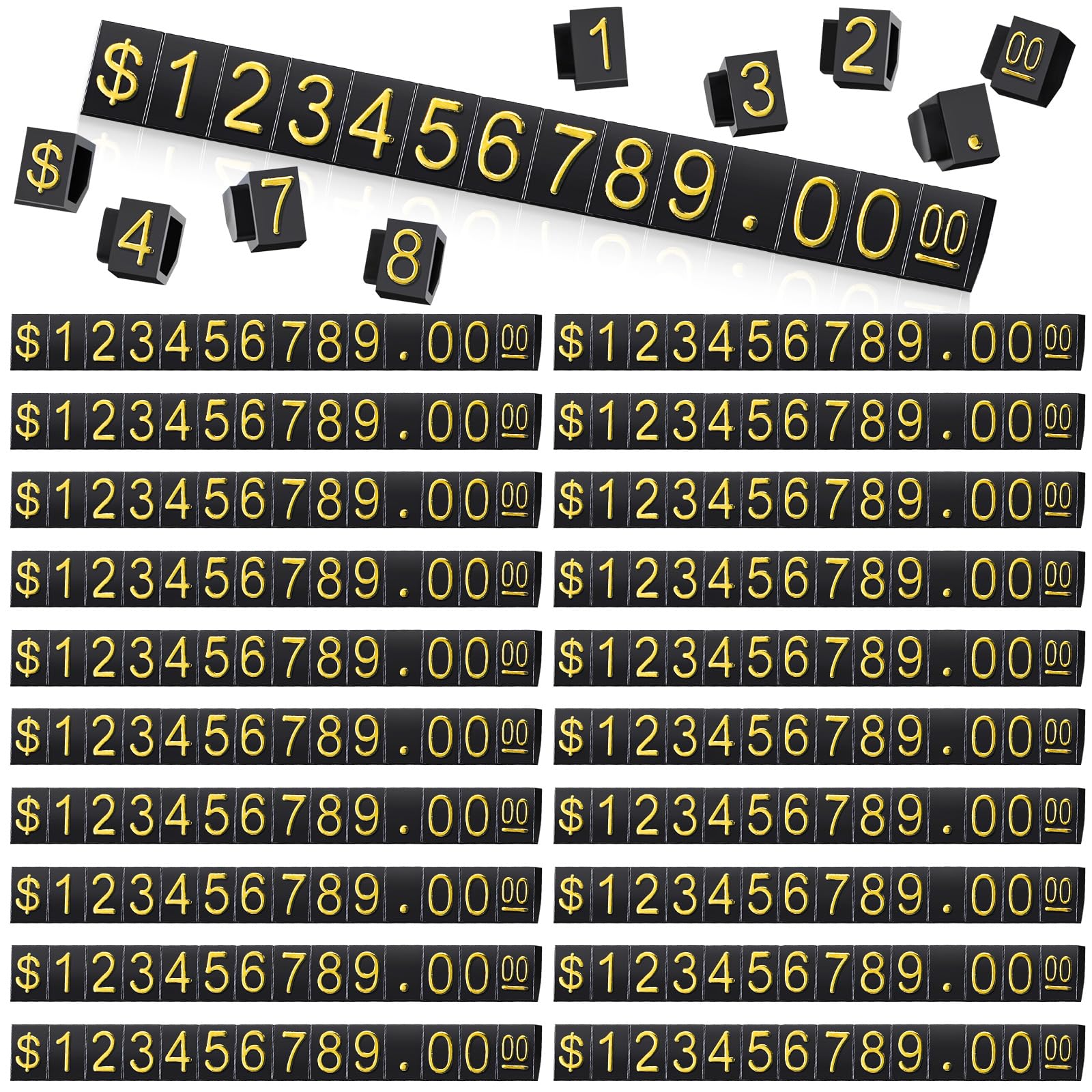 Photo 1 of Qunclay 50 Sets Price Display Cube Number Letter Price Tag Cube Blocks Adjustable Dollar Display Stand Small Counter Kit for Jewelry Retail Vending Machine Shop Signs(Black, Gold)
