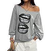 WDIRARA Women's One Shoulder Sweatshirt Oversized Lip Graphic Pullover Y2k Punk Long Sleeve Tops