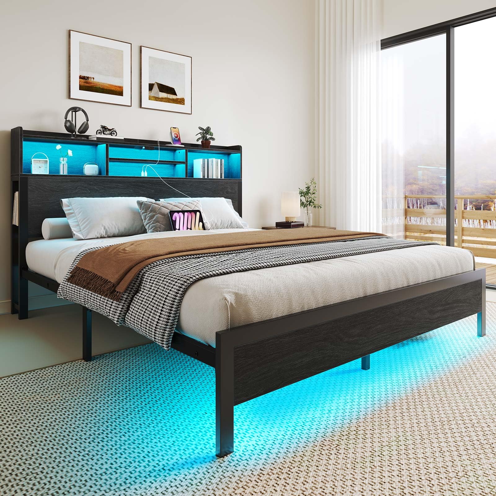 Photo 1 of *** PARTIAL SET***Rolanstar Queen Bed Frame with Storage Headboard & Side Shelf, Metal Platform Bed with Charging Station, LED Bed Frame, Easy Assembly, Noise-Free, Black