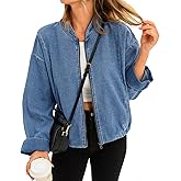 Tankaneo Womens Denim Bomber Jacket Lightweight Zip Up Short Jean Jacket Fall Casual Shacket Outerwear