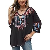 AK Women's Mexican Embroidered Tops 3/4 Sleeve Boho Hippie Plus Size Shirts for Ladies Casual Loose Peasant Blouse