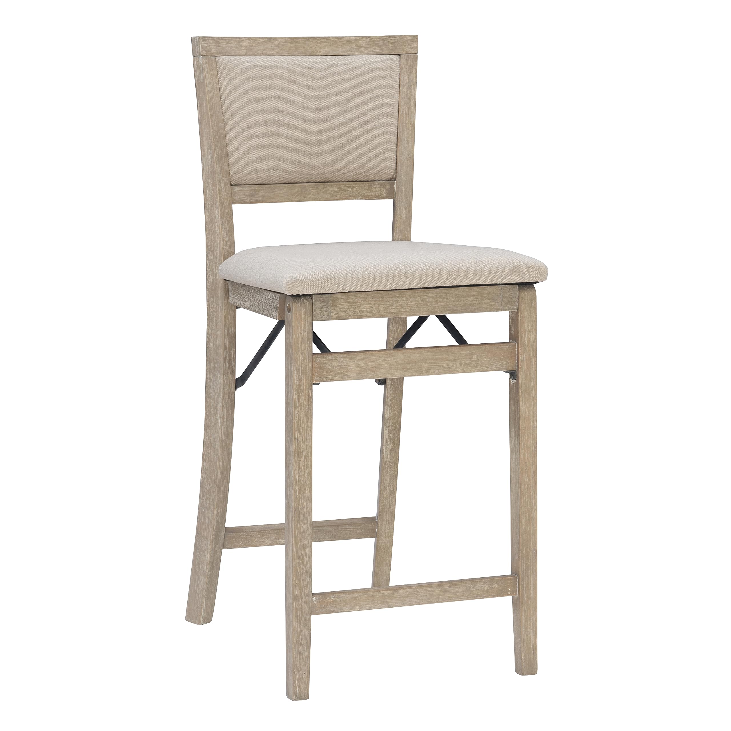 Linon Keira Natural Rustic Wooden Folding 25 Inch Seat Height Counter Stool with Beige Upholstered Seat and Back Image