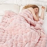 Comelady Faux Rabbit Fur Throw Blanket for Couch,Soft Fluffy Thick Bubble Blanket for Bed Sofa Room Decor-Lightweight Cozy Fuzzy Blanket Gifts for Women,Light Pink,50"×60"