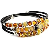 Baltic Amber Stones Bracelet with Rubber Cord, Handmade Gemstone Jewelry for Woman, wrist size 6.3” -7.5” (SNAKE- THREE LAYERS)
