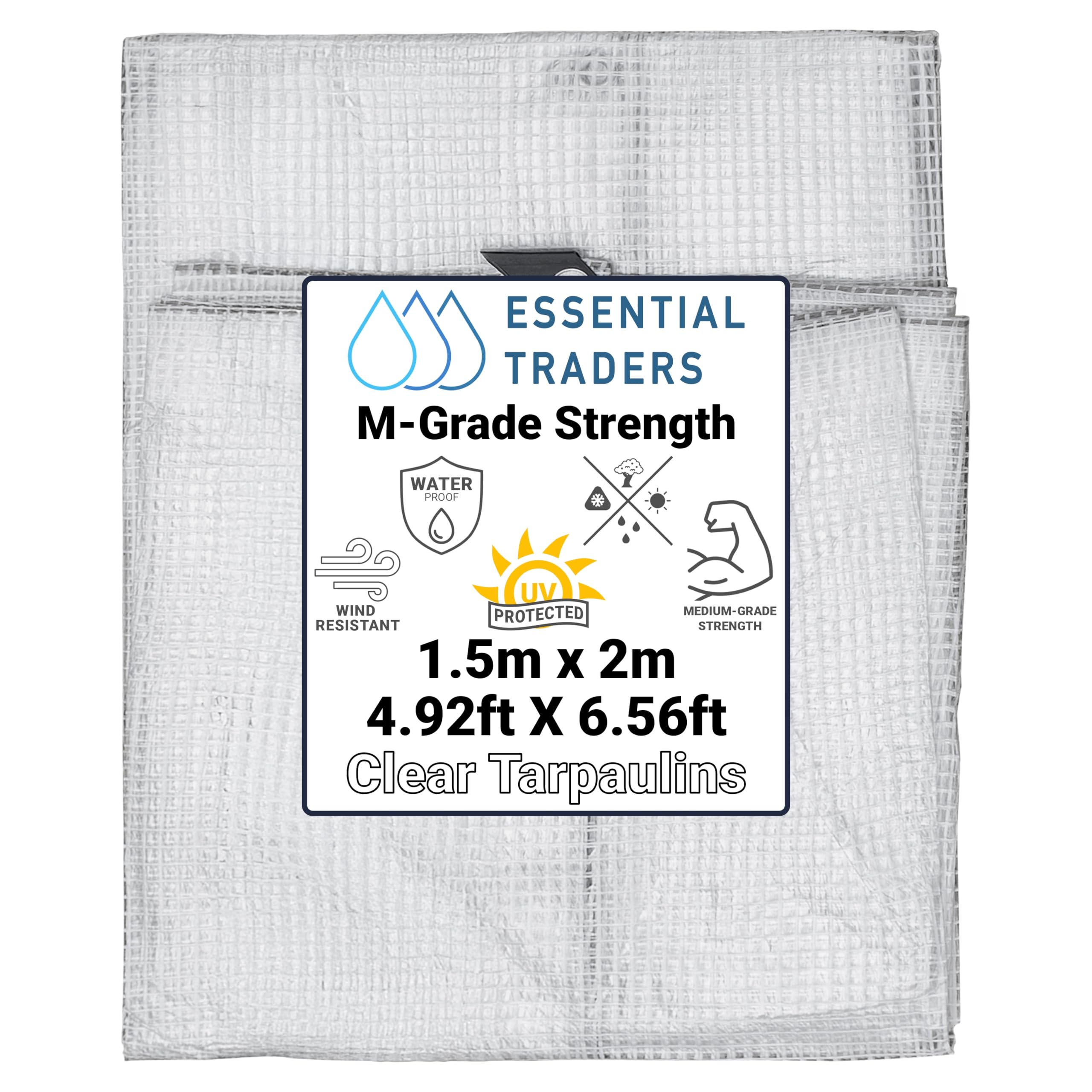 Clear Monotex Heavy Duty Tarpaulin, 100gsm Waterproof Ground Cover Multipurpose Furniture, Caravan, Vehicle, Tool, Camping & Shed Mono Sheet, Medium Weight Reinforced Cotton Mesh (1.5m x 2m)