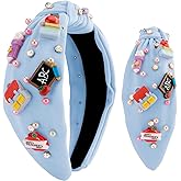 Hapdoo Back To School Teacher Knotted Headband Embellished Jeweled Headband Wide Top Knot Hair Accessories Teacher Appreciation Gifts for Women Girls, Blue