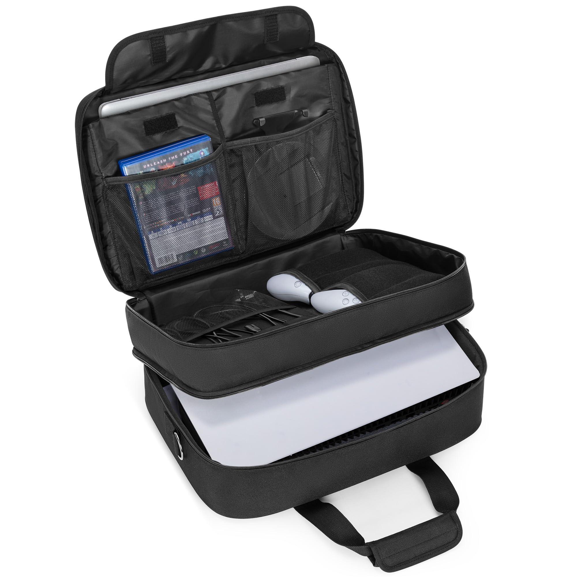 Trunab Gaming Bag Compatible with PS5/PS5 Slim, Protective PS5 Carrying Case Portable PS5 Bag Playstation 5 Backpack with Multiple Compartment for 15.6” Laptop and Gaming Accessories, Black