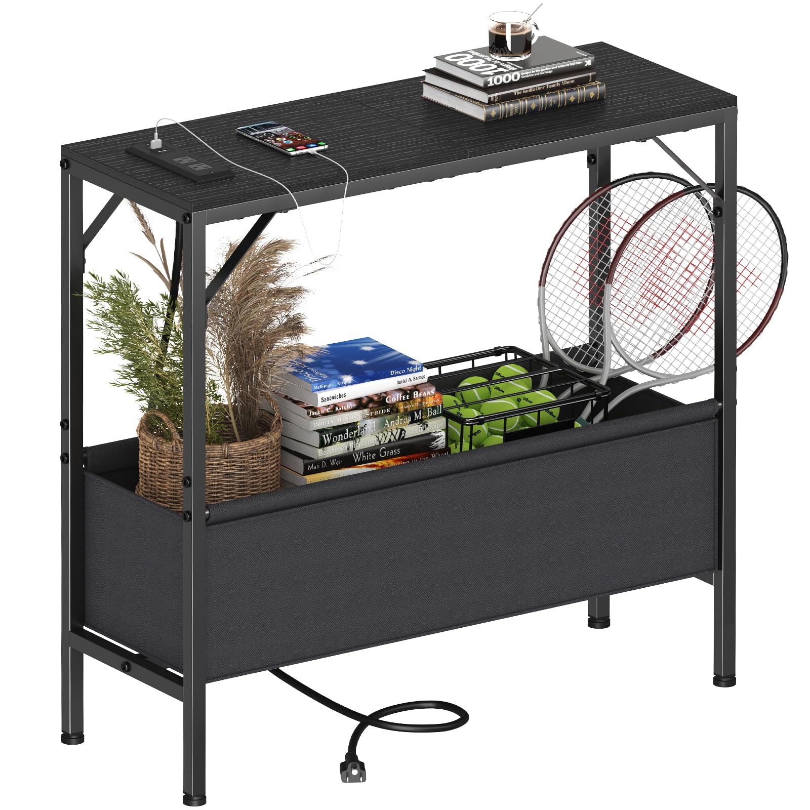 Photo 1 of Asgolion 31.5" Console Table, 9.5" D Entryway Table with Power Outlets & USB Ports & Fabric Basket, Narrow Sofa Table for Hallway, Foyer, Living Room, Black