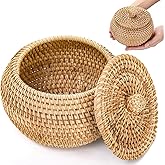 WRINGKIT Round Rattan Basket Box with Lid, Small Handmade Woven Storage Basket, Multi-purpose Wicker Bowl Decorative Organize