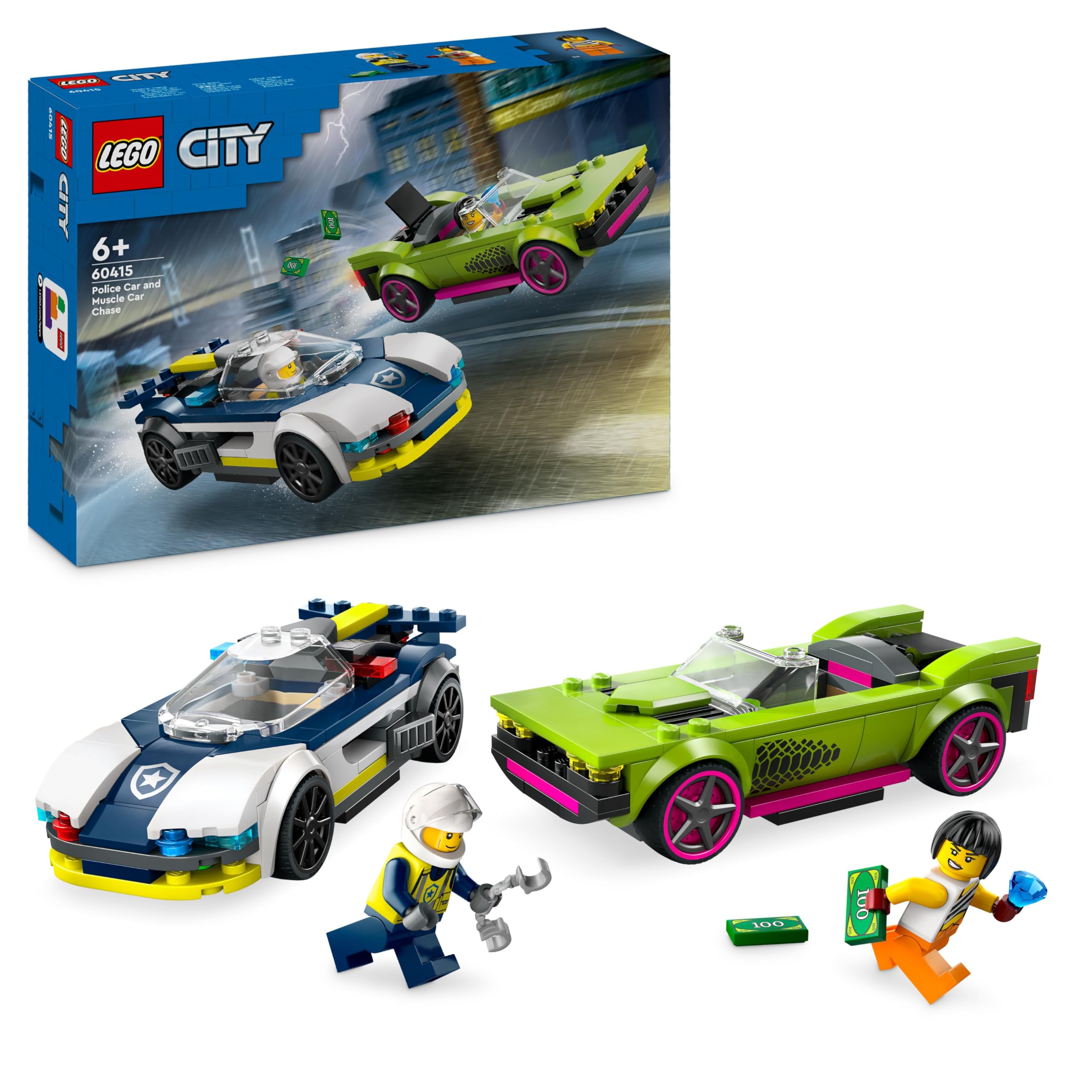 LEGO City Police Car and Muscle Car Chase, Racing Vehicle Toys for 6 Plus Year Old Boys & Girls, Fun Gift for Kids Who Love Pretend Play, Includes Officer and Crook Minifigures 60415