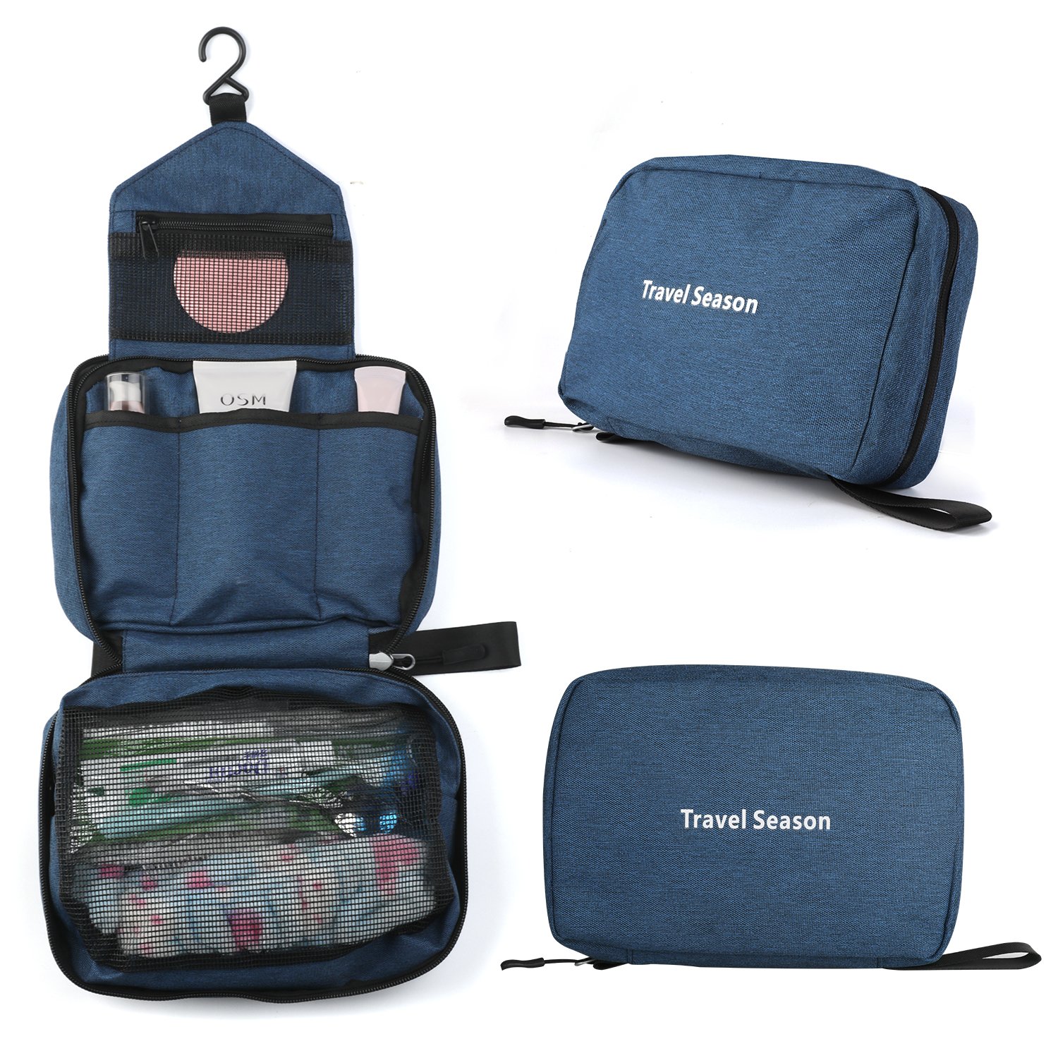 Vivefox Hanging Toiletry Bag Travel Kit Bathroom Bag Cosmetic Makeup Organizer Shaving Kit for Men & Women (3-Layer, Navy blue)