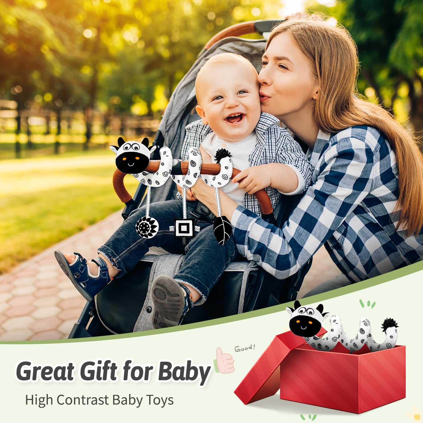 Car Seat Toys, Spiral Stroller and Carseat Hanging Toys for Babies 0-6 Months, Black and White High Contrast Baby Toys for Newborn 0-3 Months, Crib/Bassinetr Infant Toys (Cow)