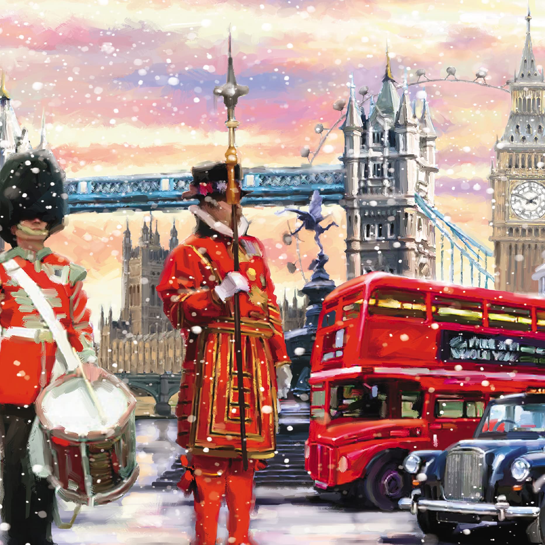 GBCC The Archive Collection Pack of 6 Artistic Charity Christmas Cards - 'London at Christmastime' - Big Ben and Beefeaters - From The Great British Card Company, multi, 141 x 141 mm