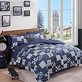 AMBERSPACE Full Size Comforter Sets Navy Blue, Plaid Bedding Set 7 Pieces for Boys Girls Kids Teen, Classic Homestead-Style Comforter Set Bed in A Bag with Sheets, Pillowcases & Shams