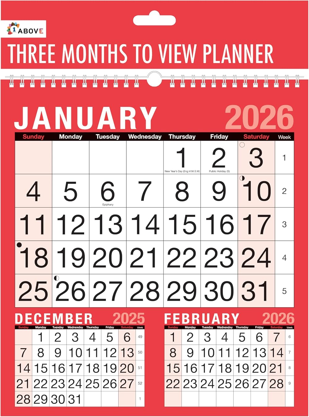 1ABOVE 2026 Wall Calendar 3 Months At A Glance Spiral Bound Planner
