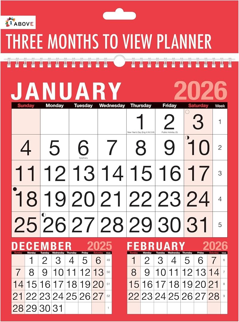 1ABOVE 2026 Wall Calendar 3 Months At A Glance Spiral Bound Planner
