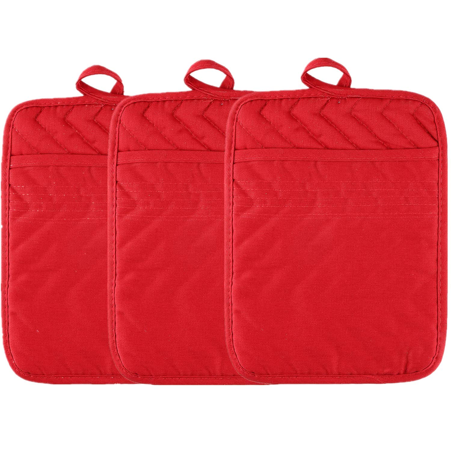 Vedoda Oven Pot Holders with Pockets,3 Sets,7"x9" Hot Pads Potholders,for Cooking Grilling Barking in Restaurant Cafe,Heat Resistant Coaster Gloves (Red)