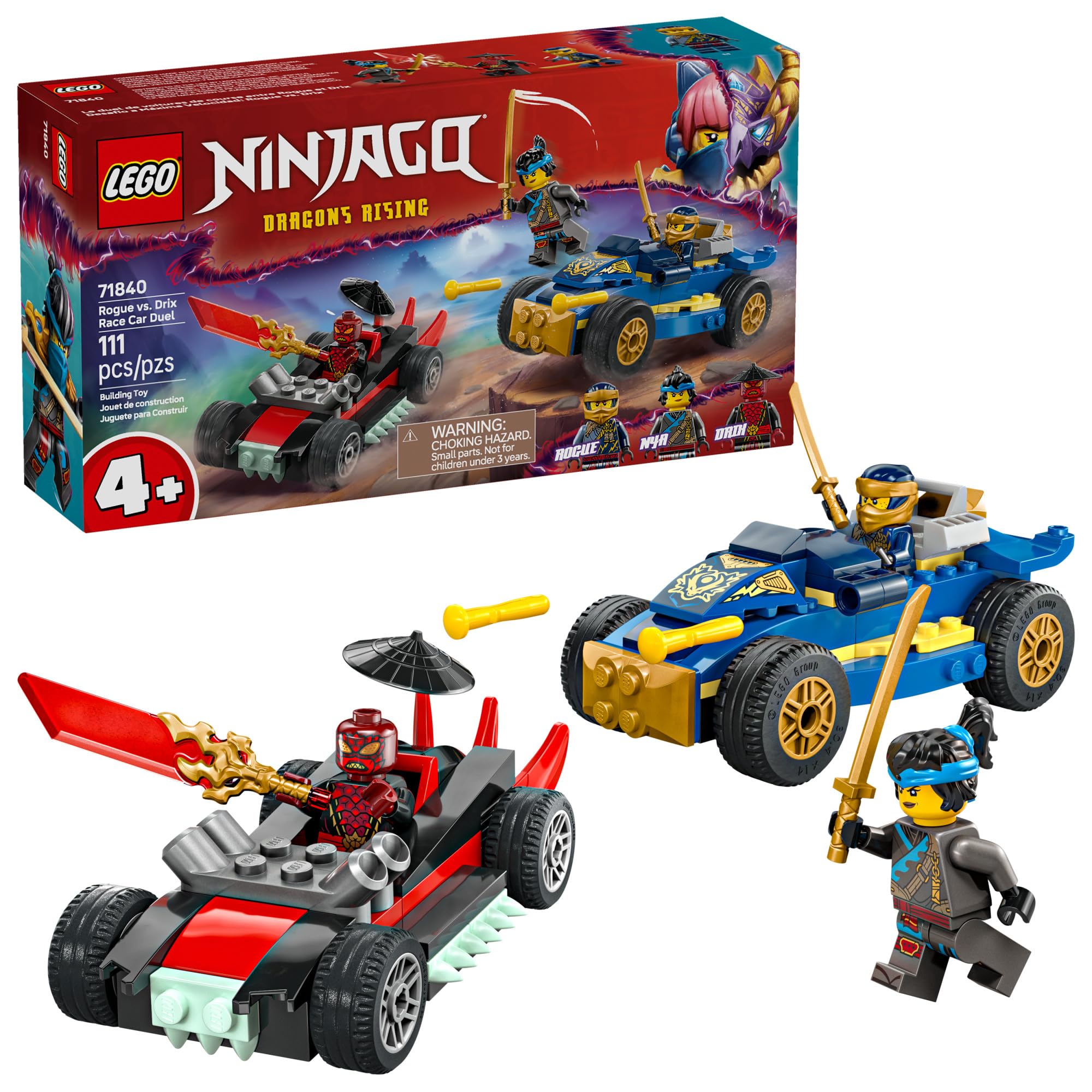LEGO NINJAGO Rogue vs. Drix Race Car Duel Building Toy for Preschool Kids - Ninja Toy with Starter Brick for Boys & Girls, 4+ - Gift Idea for Birthdays & Dragons Rising Fans - 71840