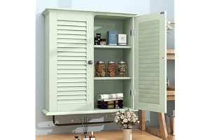 TaoHFE Bathroom Cabinet Wall Mounted Green Designer Bathroom Wall Cabinet Medicine Cabinet with Double Shutter Doors 3 Tier Adjustable Shelf with Towel Rack Over The Toilet Storage Cabinet Laundry