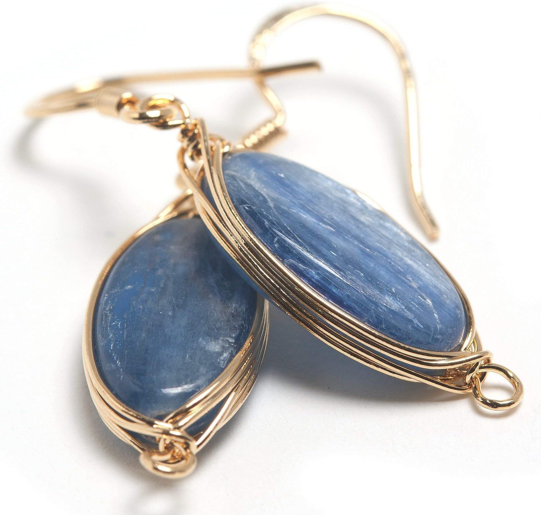 Natural Stone Wire Wrap Dangle Drop Earrings Gold Plated 925 Sterling Silver Hook/Kyanite