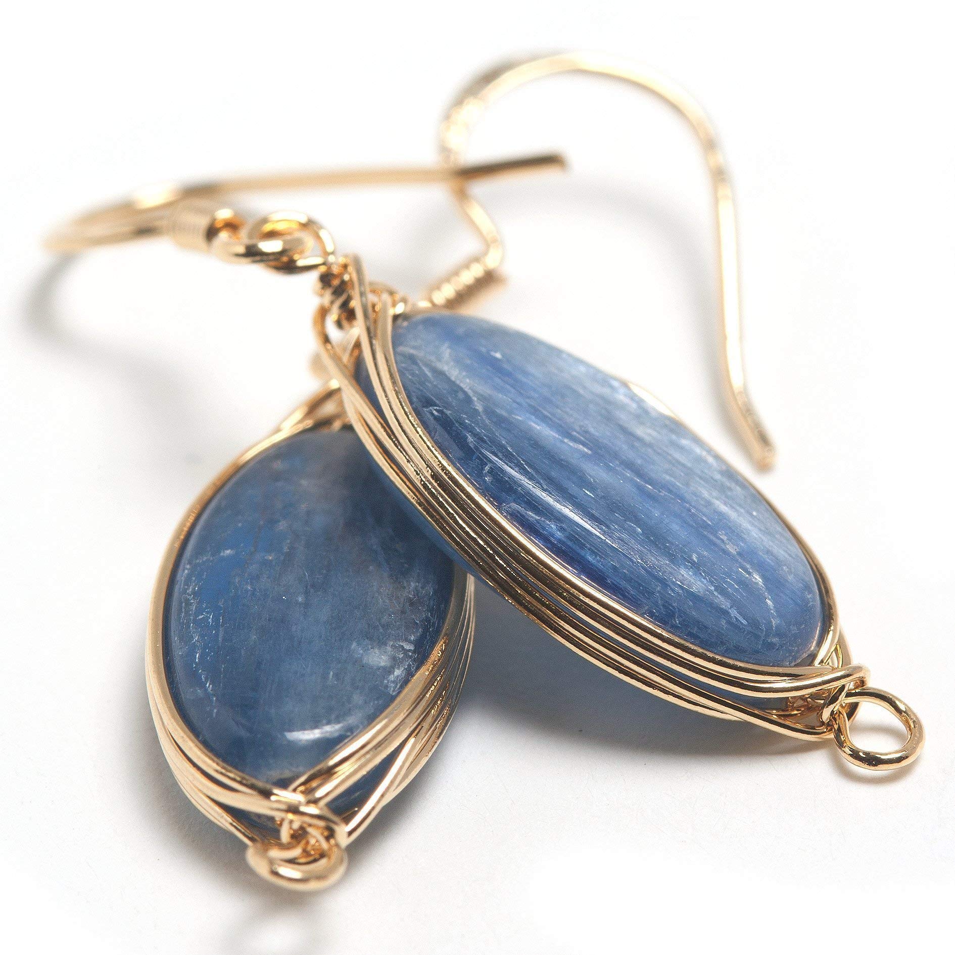 Natural Stone Wire Wrap Dangle Drop Earrings Gold Plated 925 Sterling Silver Hook/Kyanite