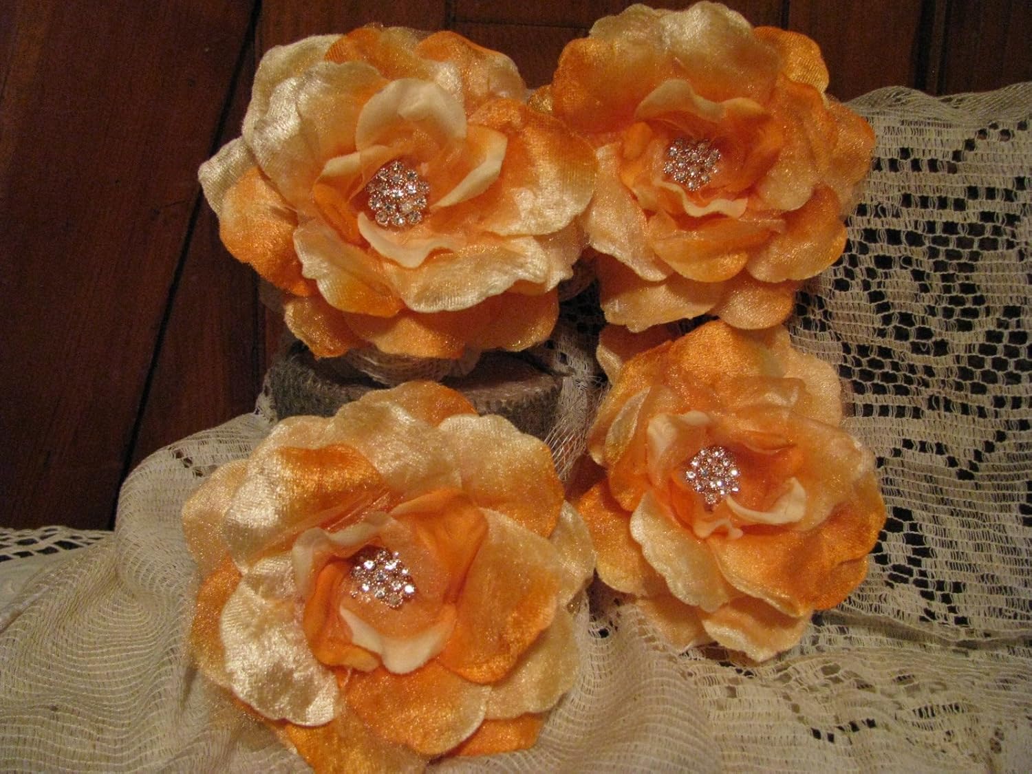 Orange Cream Silk Flowers with Rhinestone Centers (3" inch