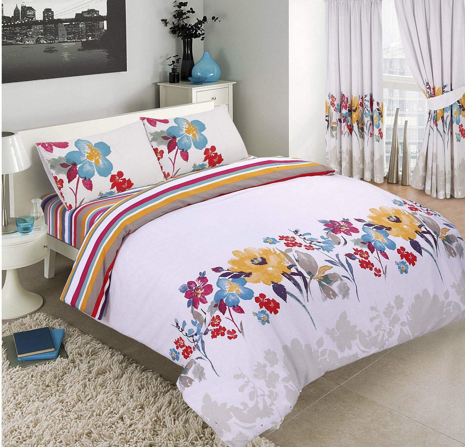 DOUBLE BED DUVET QUILT COVER BEDDING SET PILLOWCASES FLORAL STRIPES EMELIA WHITE