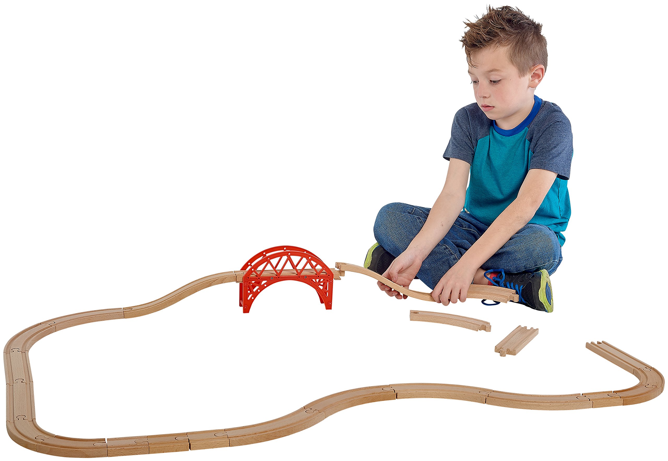 Wooden Train Tracks Toy Set With Engine Car And Bridge 24 Pieces Gifts