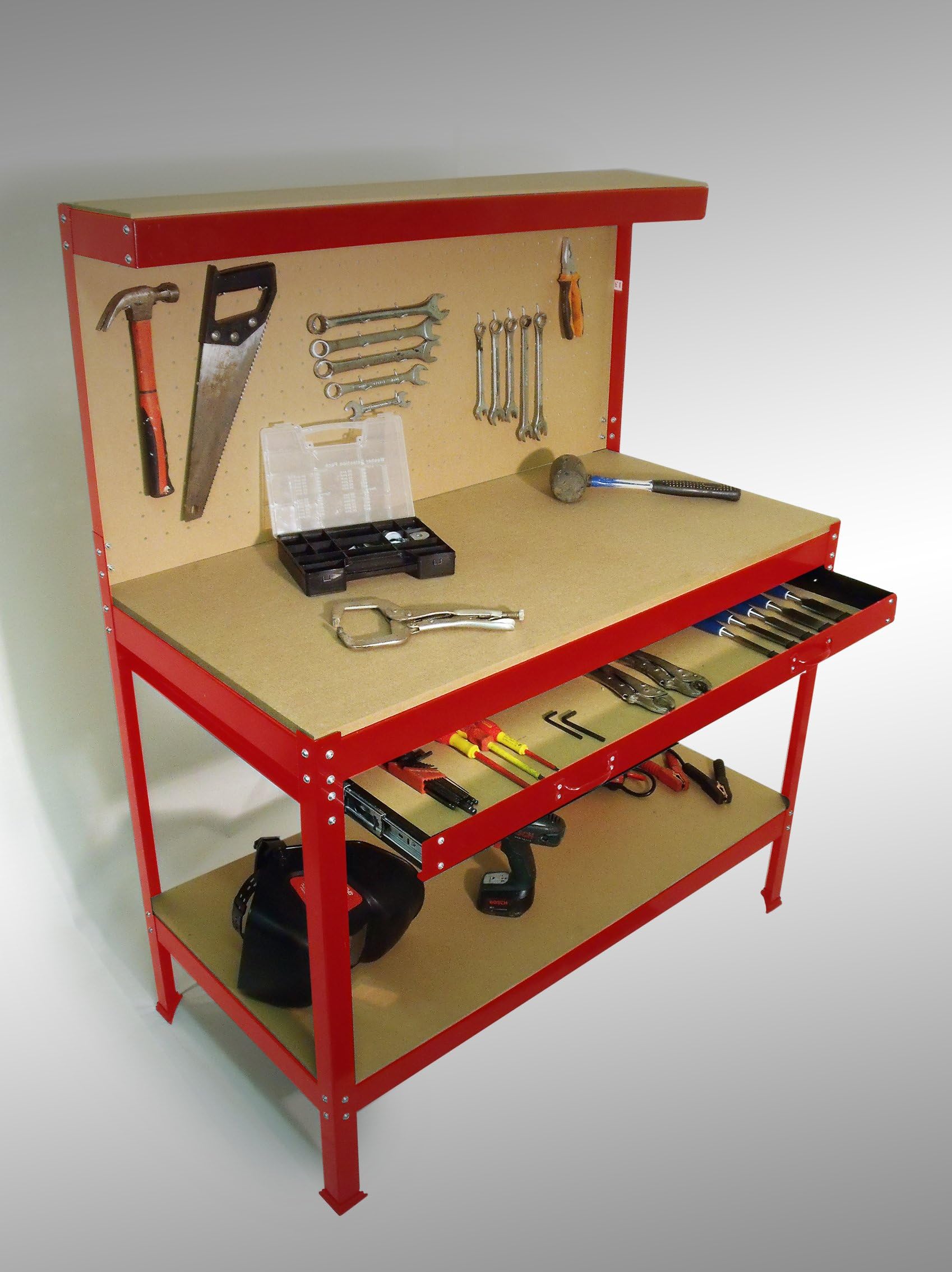 Dirty Pro Tools™ Steel Garage Work Bench Workbench Storage With Ball Bearing Slides Pegboard and 12 Pegs Shelf DIY Workshop Station Maximum Capacity 150kgs