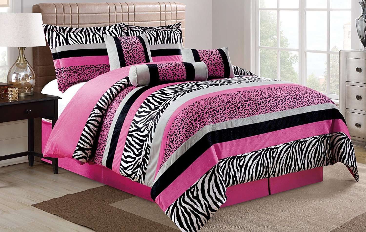 7 Piece Oversize Hot Pink Black White Zebra Leopard Micro Fur Comforter Set Full Size Bedding Teen Girl Youth Tween Children S Room Master Bedroom Guest Room By Grand Linen Amazon In Home