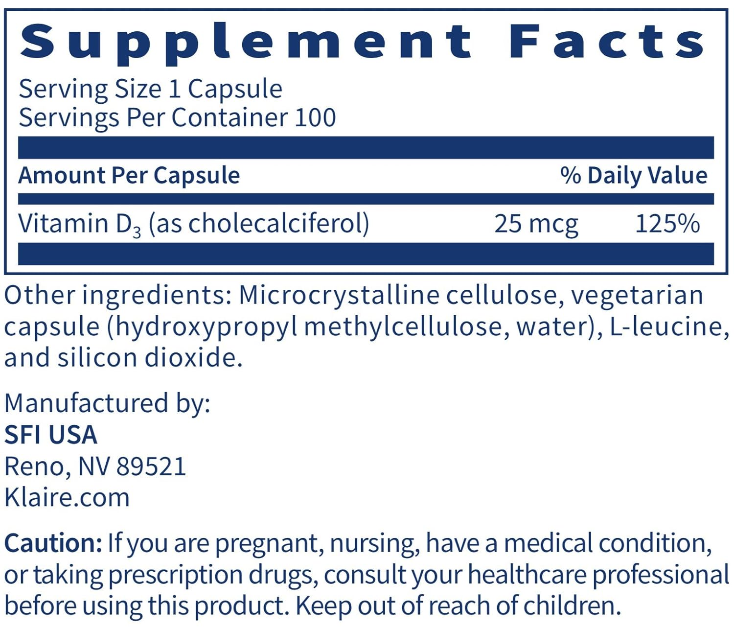 Klaire Labs Vitamin D3 1000 IU High Potency 25 Micrograms