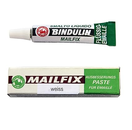 Große Tube Mailfix von Bindulin 19g Farbe weiß - Ausbesserungspaste flüssiger Kunststoff: Ausbessern Emaille & Porzellan emai