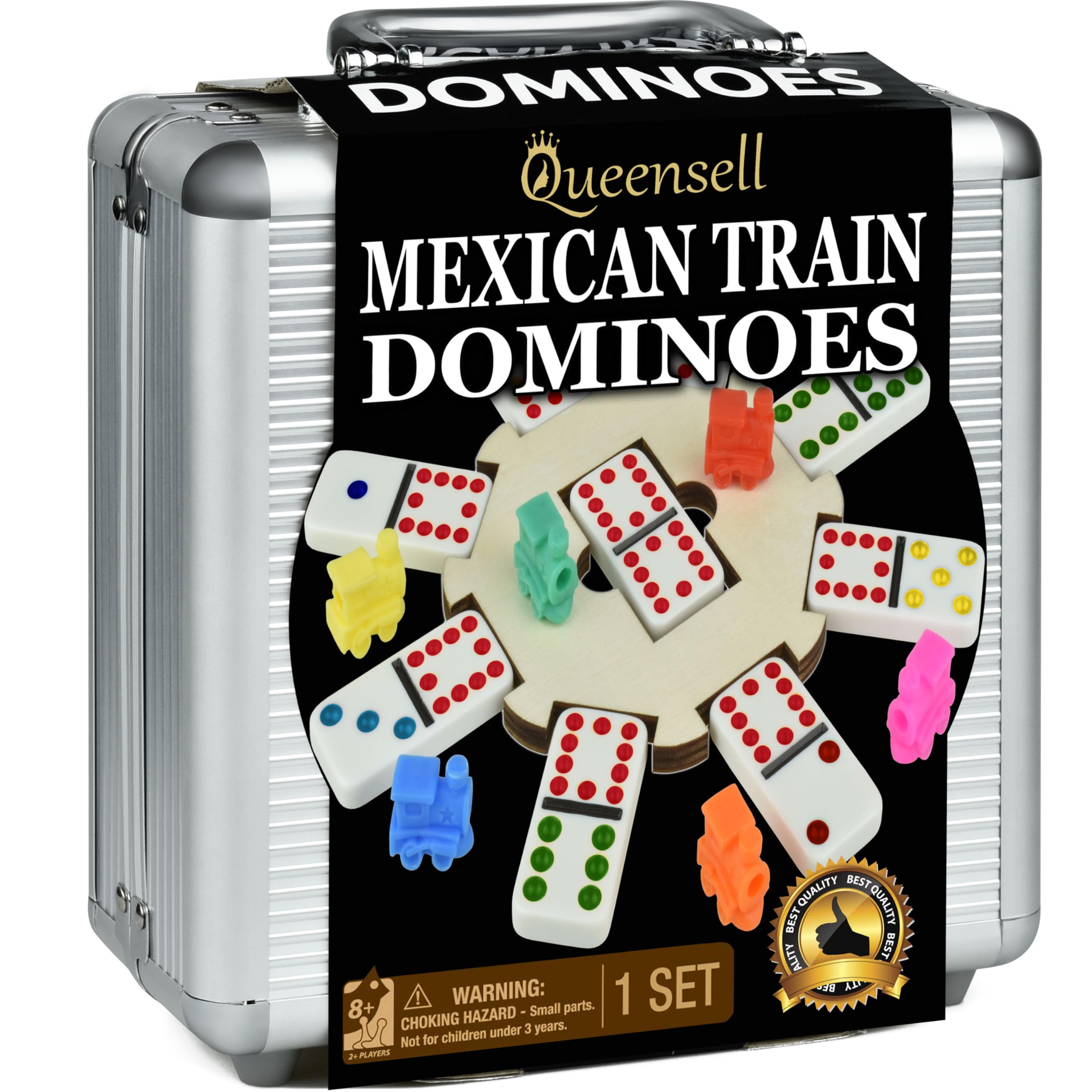 Queensell Mexican Train Dominoes Set Adults Tile Board Game - Dominos Set Classic Board Games - Double 12 Dominoes Set Family Games - Domino Set 91 Tiles Aluminum Case