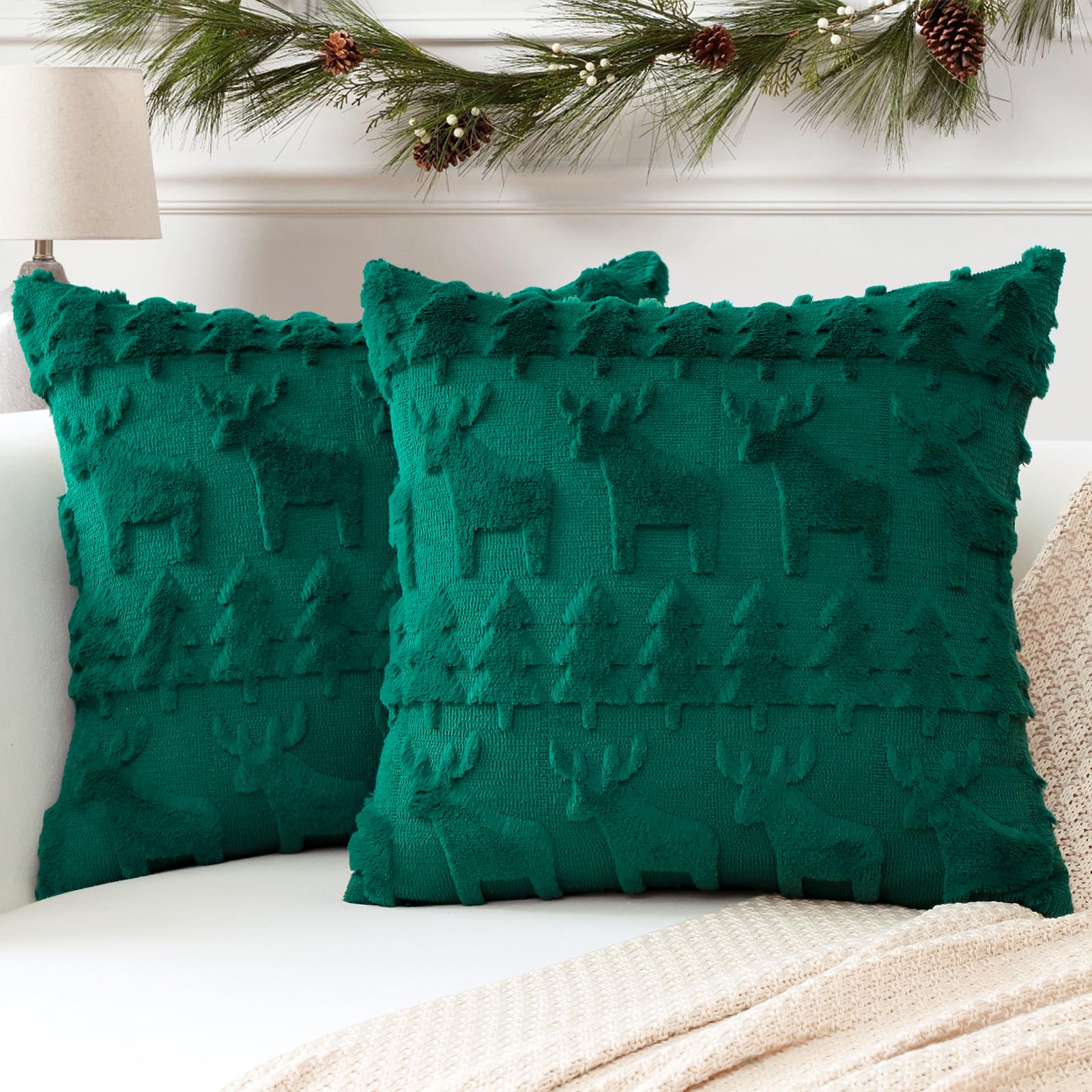 Artscope Set of 2 Xmas Soft Plush Short Wool Velvet Decorative Cushion Covers 60x60cm Square Luxury Style Throw Pillow Covers Pillow Shell for Sofa Bedroom Christmas Tree and Elk Green