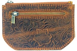 JJNUSA Genuine Leather Zipper Coin Purse for Men, Credit Card Case Holder, Mens Tray Purses Coin Purse Cash Change Wallet Car Case Holder Money Pouch (Flower Brown)