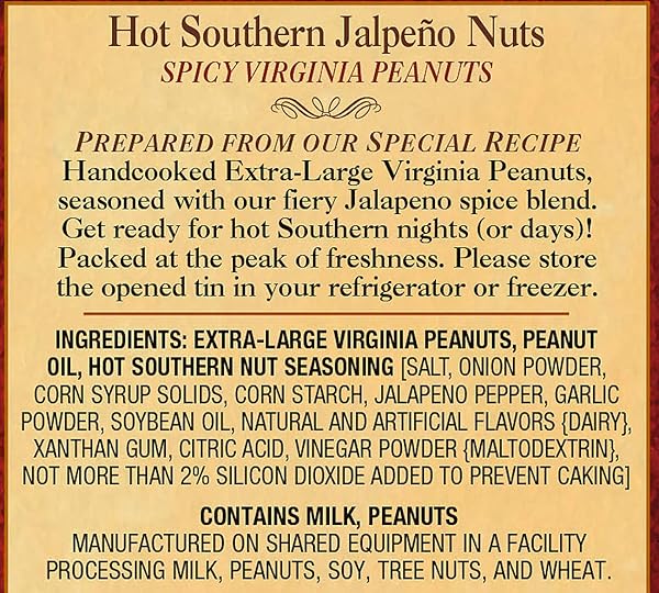 THE PEANUT SHOP OF WILLIAMSBURG HOT SOUTHERN JALAPENO PEANUTS WITH JALAPENO, ONION, GARLIC, HAND COOKED VIRGINIA PEANUTS, GLUTEN FREE, KOSHER – 9 OZ TIN