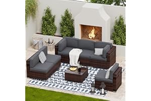 UDPATIO Patio Furniture Sets, Modular Rattan Outdoor Patio Sectional Furniture Sofa Set, Wicker Patio Conversation Set for Backyard, Deck, Poolside w Glass Coffee Table, 7PC Grey (Include Sofa Cover)