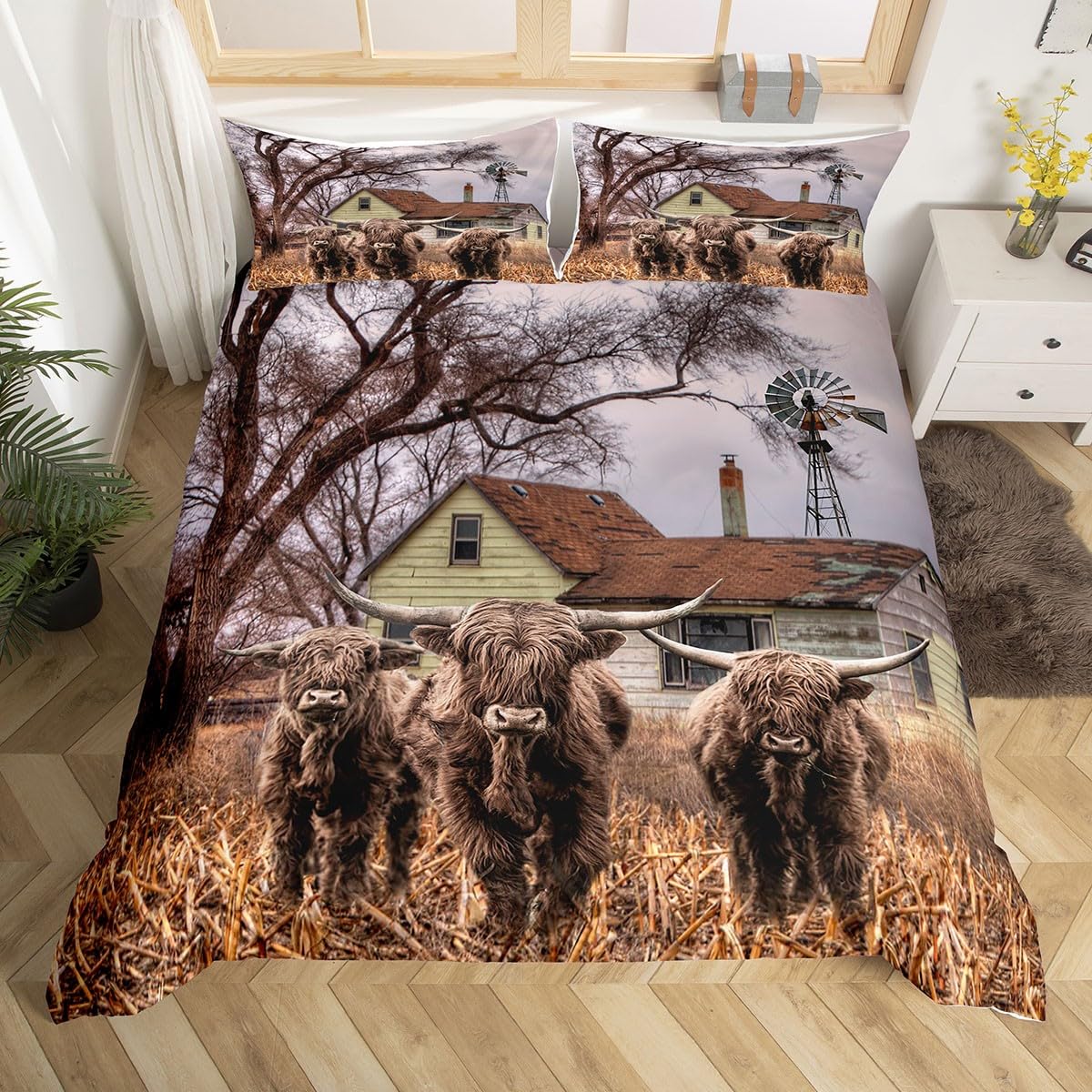 Homewish Highland Cow Comforter Cover Rustic Farm Animal Bedding Set for Girls Boys Windmill Cabin Lodge Decor Duvet Cover,Farmhouse Rural Western Life Bedspread Cover with 1 Pillowcase Single