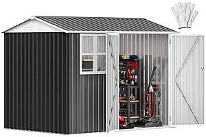 DWVO 8x6ft Large Tool Storage Shed with Window, Lockable Doors, and Sloped Roof, Oversized Steel Outdoor Storage Shed for Garden, Patio, Garage, Backyard, Lawn - Dark Gray