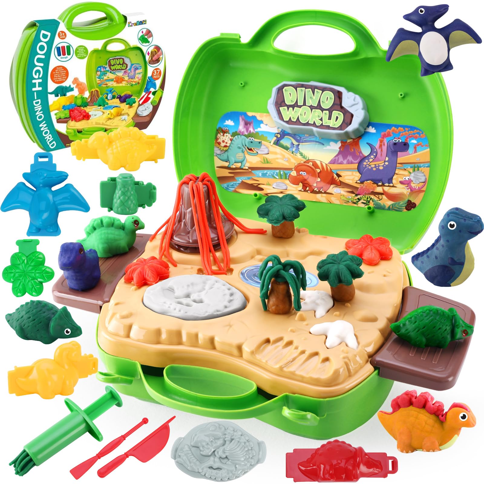 Dear Deer Kids Play Color Dough Dinosaur Play Set 26 Pcs Pretend Play Toy Kit with Dough and Moulds in a Portable Case