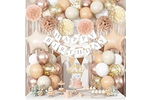 JOBKOO Beige Brown Birthday Decorations for Women, Gold Neutral Cream Sand White Party Balloon Kit with Boho Happy Birthday Banner Fringe Curtain Background Pom Pom Cake Topper for Boy Girl Men Bday Supplies