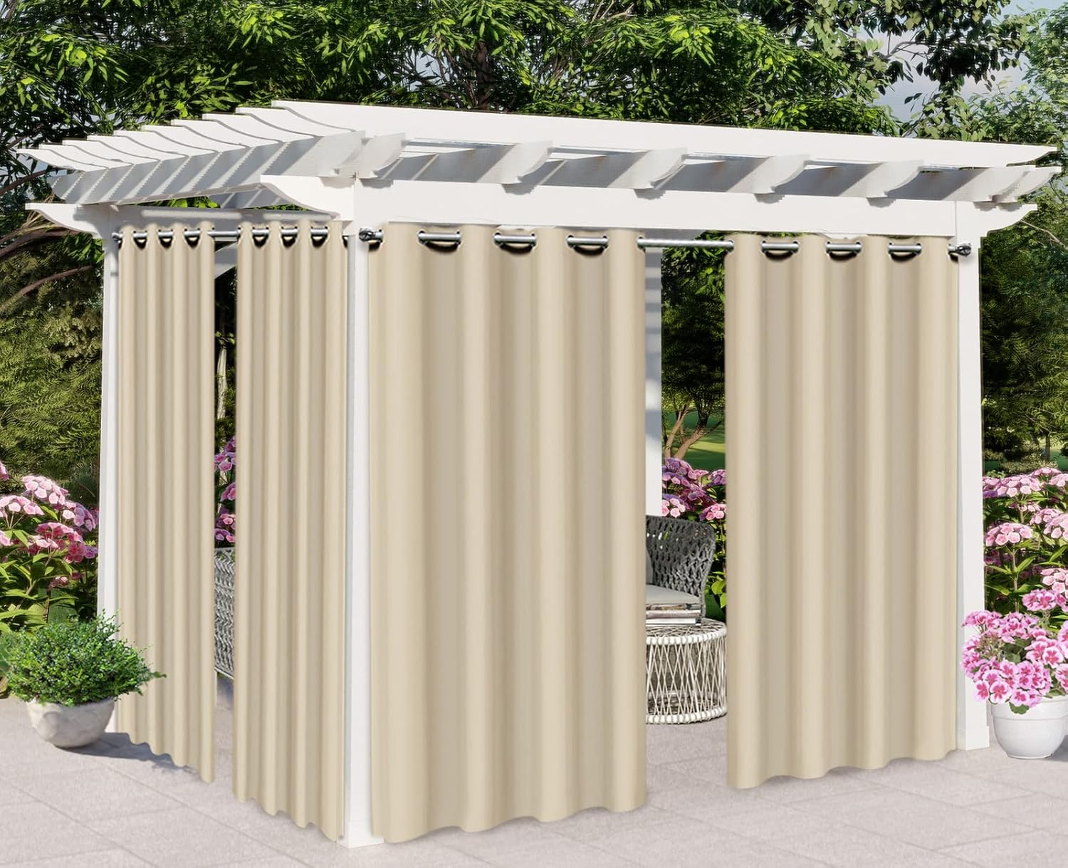 Outdoor Curtains - ABCCANOPY Outdoor Curtains 84'' x 84'', Waterproof Sun Blocking Patio Privacy Drapes with Grommets for Gazebo, Porch, Pergola, Cabana, (1 Piece, Beige)