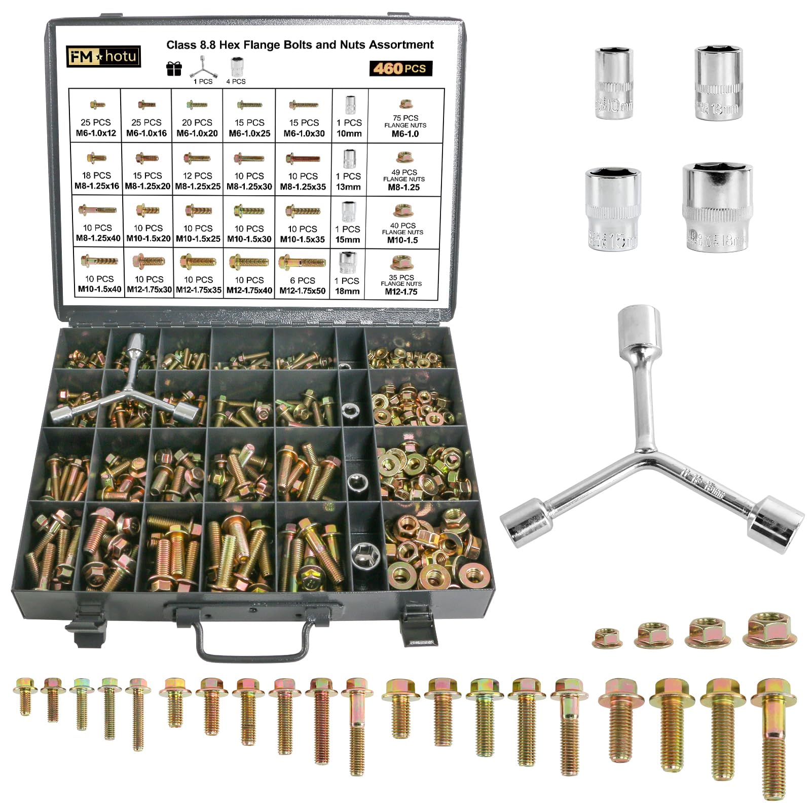Photo 1 of FMhotu 460Pcs Nuts and Bolts Assortment Kit, Metric Grade 8.8 Flange Hex Bolts and Nuts Set, M6 M8 M10 M12, 21 Sizes, Comes with 1 Y-Wrench and 4 Bits