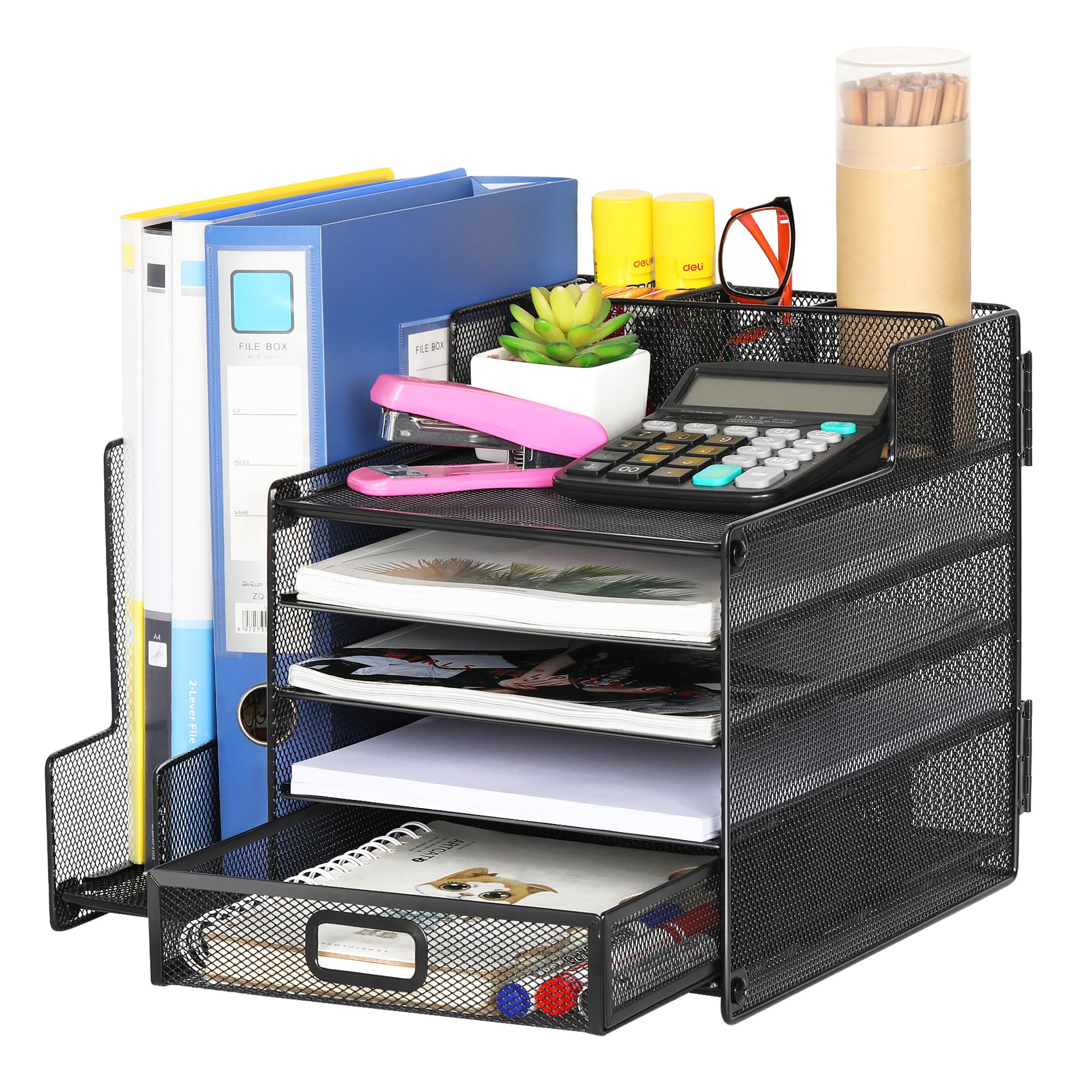 TQVAI 5 Tier Desk Organiser with Vertical File Sorter Letter Tray Organiser Desk Paper Storage Magazine File Holder, Black