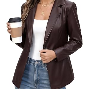 Ommiivex Women Leather Jacket Faux Slim Fit Ruched Sleeve Blazers for Casual Business Interview Semi Formal Work Outfit
