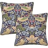 Ideeze William Morris Strawberry Thief Vintage Floral Bird Throw Pillow Covers Set of 2 Pillowcases Cushion Case Square for Soft Home Decor Bed Couch Car Living Room 18x18 Inch