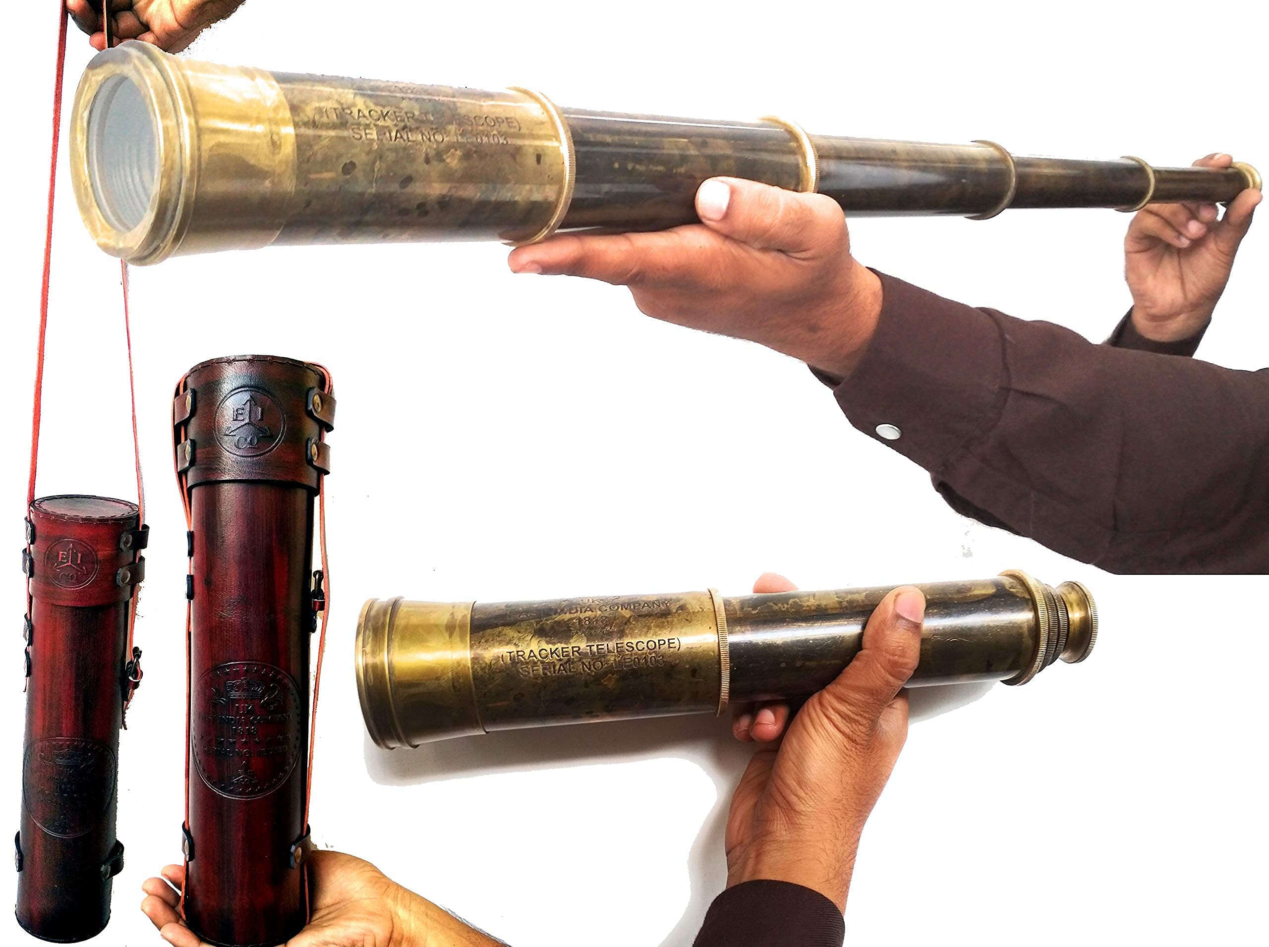 Antique Brass & Leather Telescope Spyglass - Pirate Nautical Gift, 10-15x Magnification