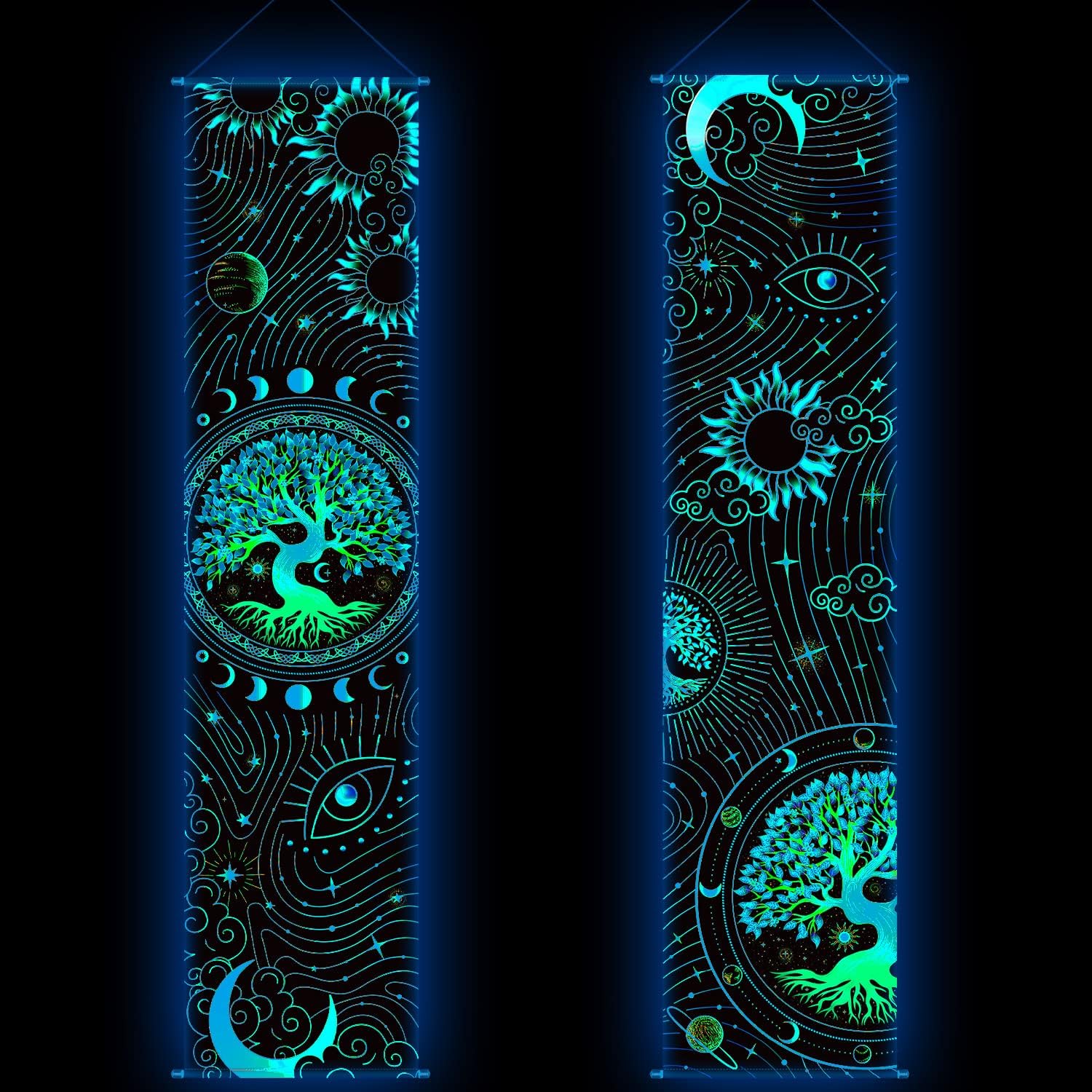 Tapestries - Tiamon 2 Pieces Black Light Art Wall Decor Trippy Blacklight Tapestry UV Reactive Tapestry Poster Banner Aesthetic Room Hanging Backdrop for Hippie Bedroom Home Decoration(Tree of Life)